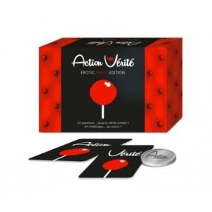 jeu de cartes action ou vérité avec jetons vendu dans une boite rouge et noir