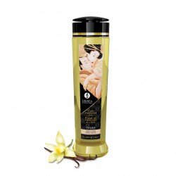 Huile de massage vanille, 240 ml de la marque Shunga. Flacon en plastique transparent capuchon noir.