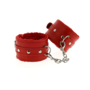 Menottes chevilles en simili cuir rouge avec intérieur rouge, de la marque Be Happy, indispensable pour attacher votre partenaire et assouvir vos désirs de domination.